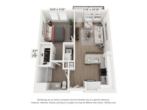 Floor plan for 1 bed, 1 bath, 614 sqft